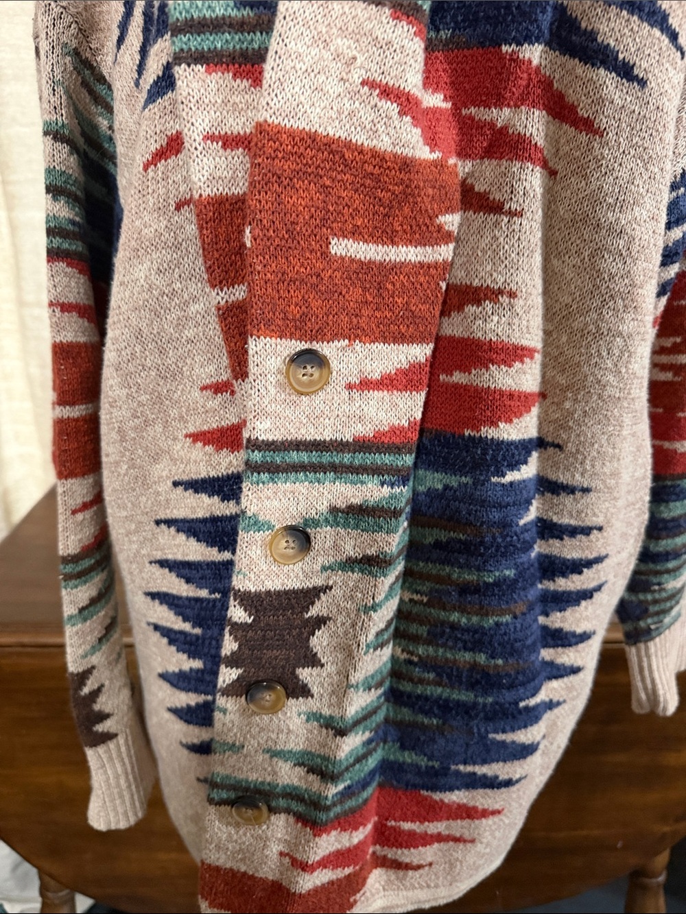 Lucky Brand Beige Cardigan with Red, Navy & Green Aztec South Western Pattern XL - Picture 2 of 7